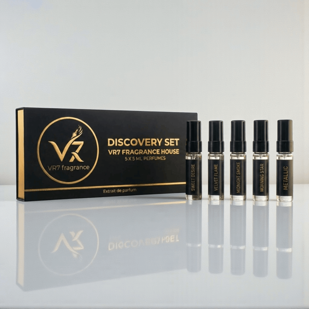 VR7 Fragrance discovery set with five small perfume bottles on a reflective surface.