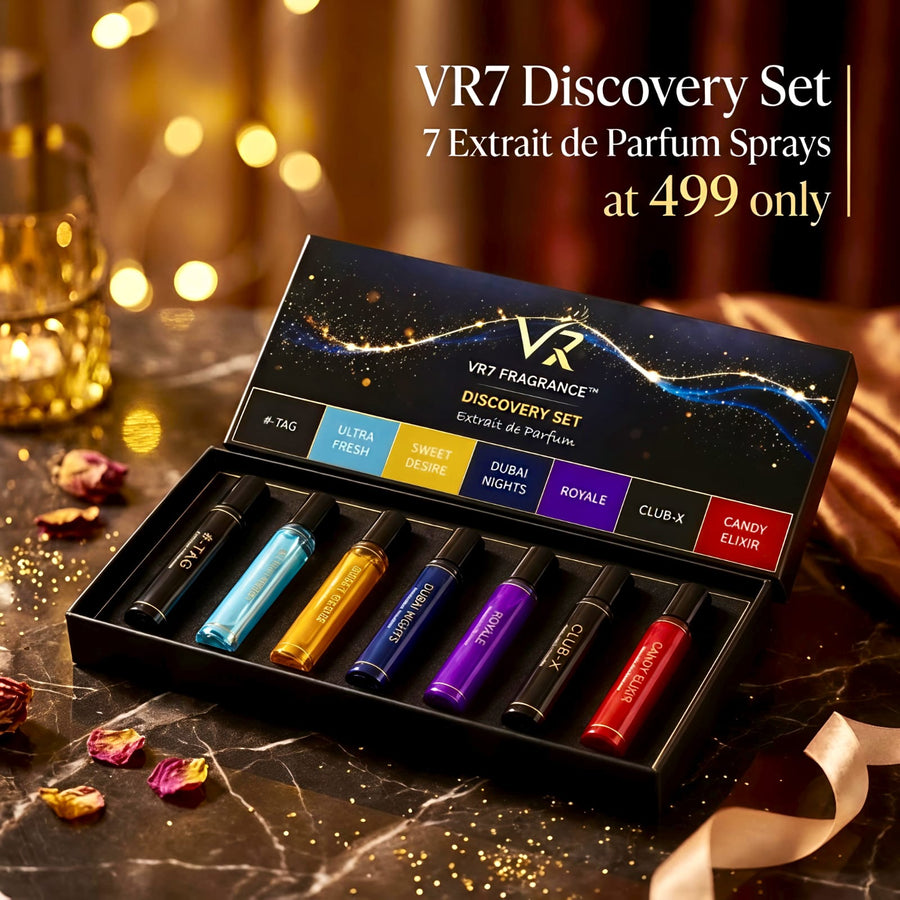 VR7 Discovery Set — 7 Extrait de Parfum sprays, 3ml each, in a premium gift box. ₹499.