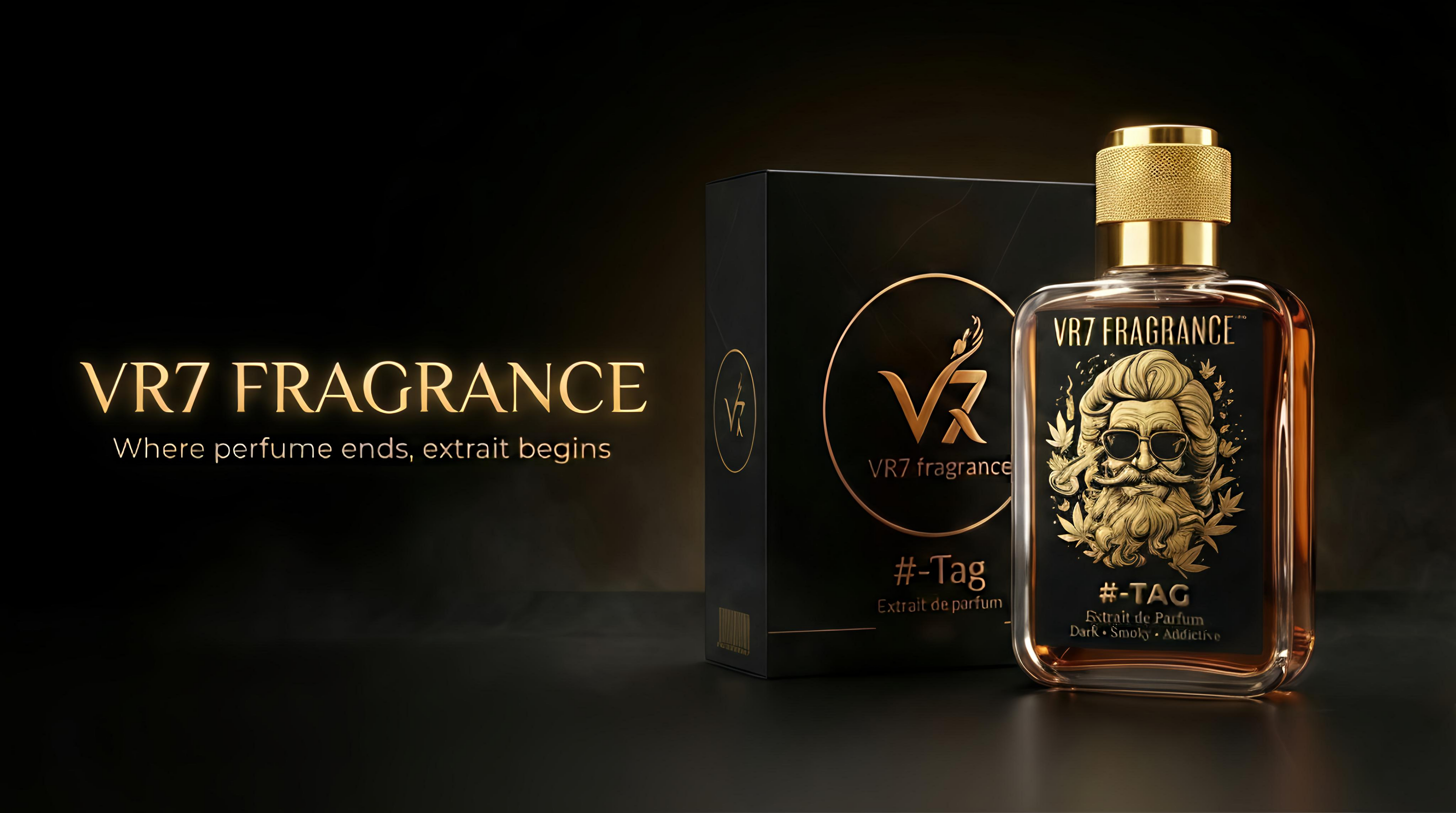VR7 Fragrance bottle and packaging on a dark background