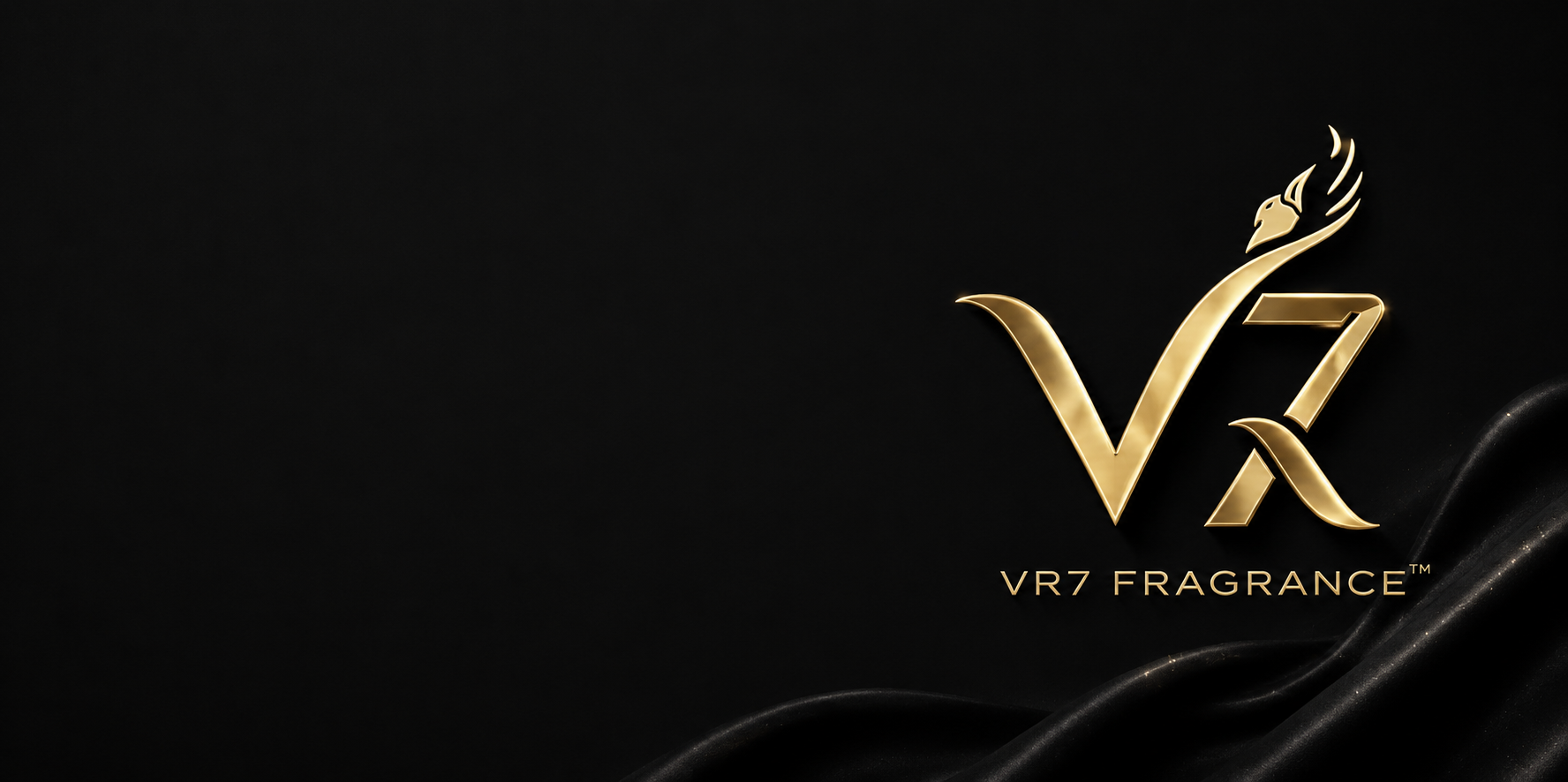 Gold VR7 Fragrance logo with stylized 'VR7' lettering and a flame-like mark above, set on a black background with draped dark fabric at the bottom.

