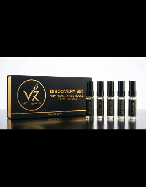 Discovery Set by VR7 Fragrance includes five 5 ml premium perfumes: Sweet Desire, Midnight Smoke, and more..