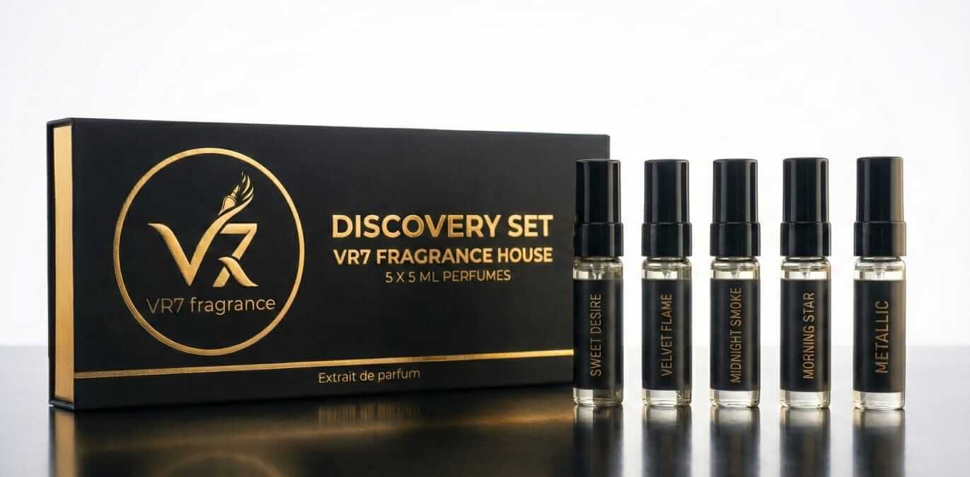Discovery Set by VR7 Fragrance includes five 5 ml premium perfumes: Sweet Desire, Midnight Smoke, and more.